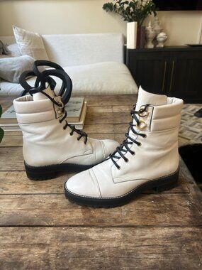Stuart Weitzman Strummer Combat Boots | Cream Leather | Size 8.5